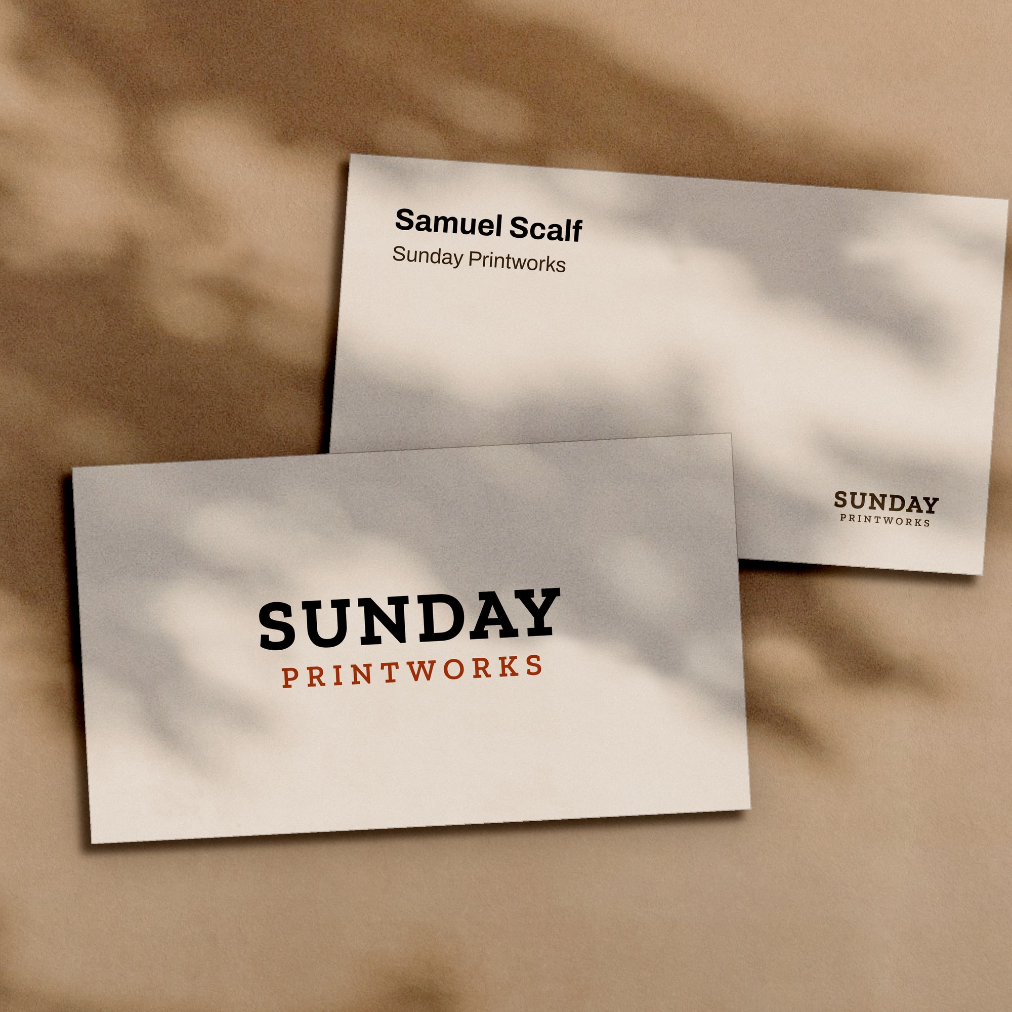 Business cards, front and back, in window light
