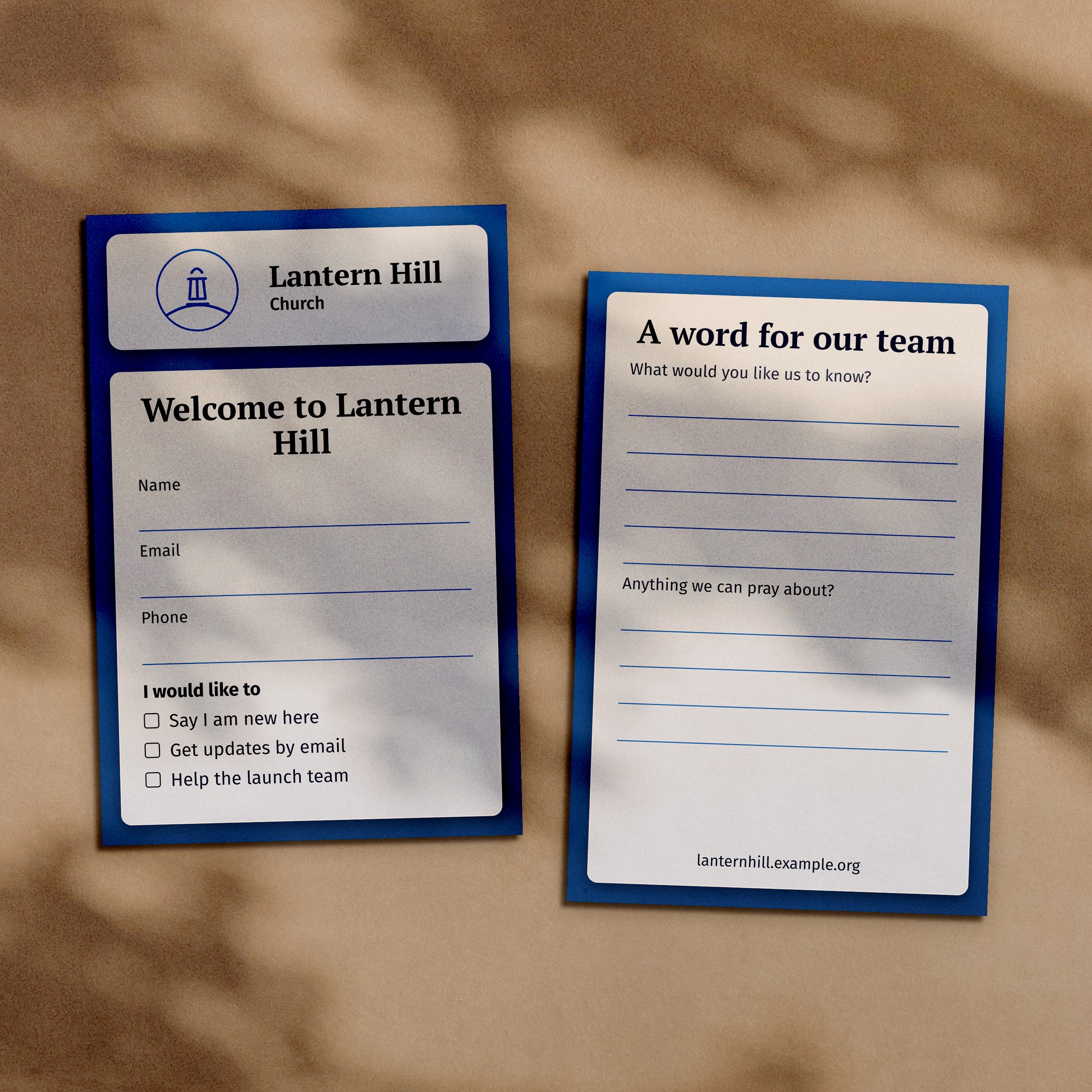 Church plant connect cards, front and back, a sample design