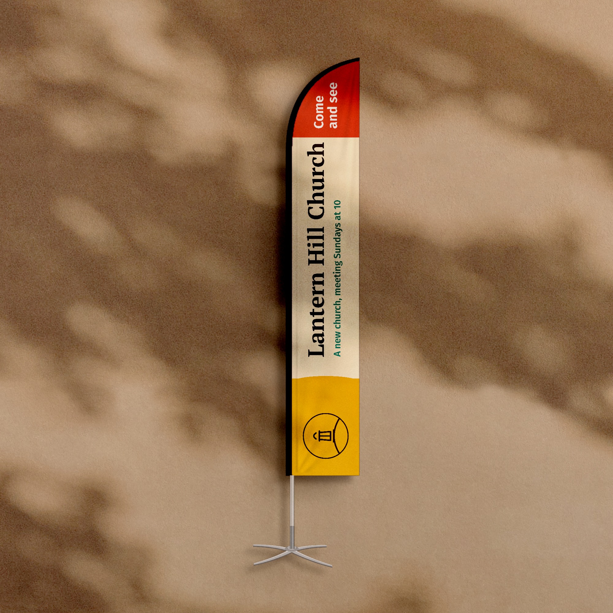 Feather flag for a church plant, a sample design on a plaster wall
