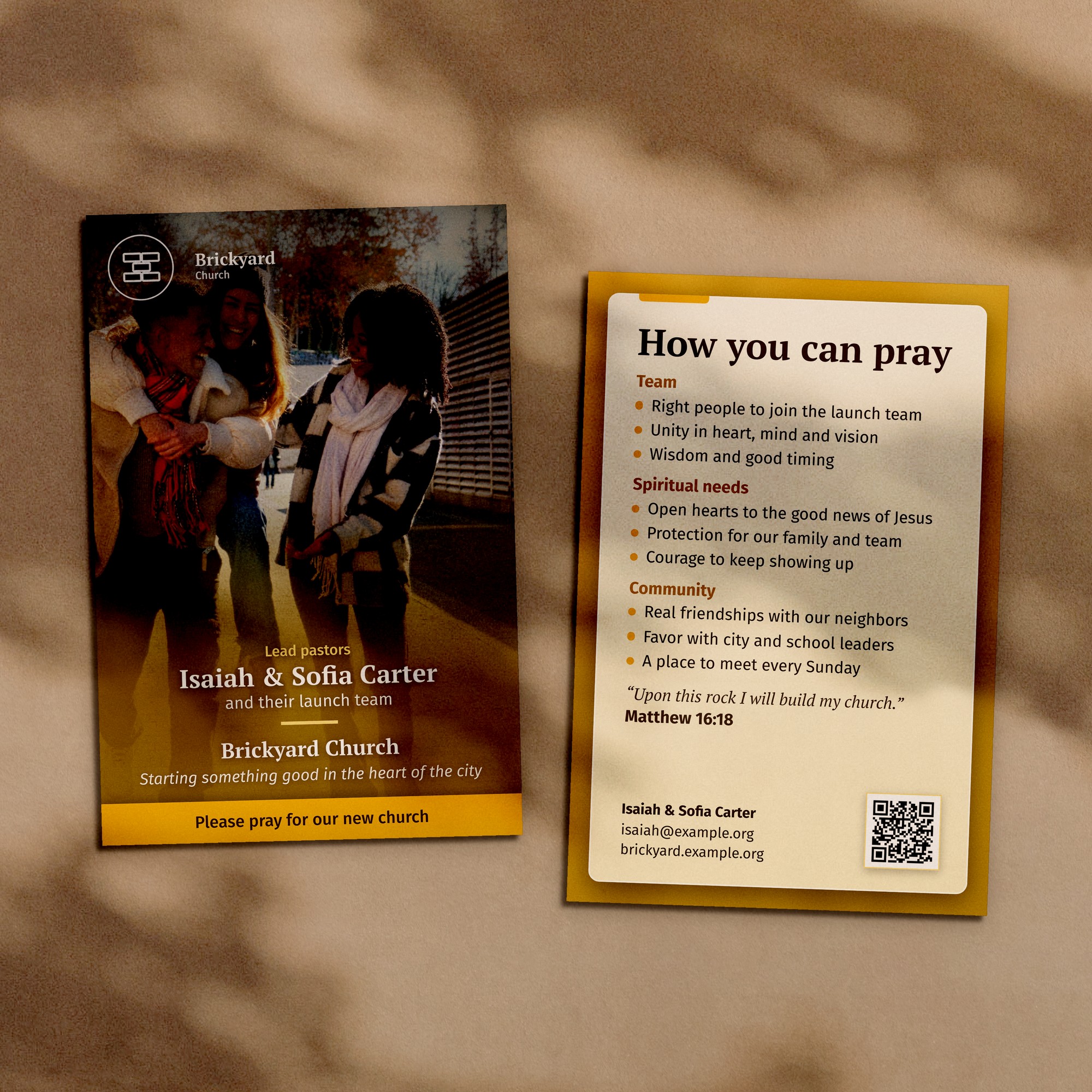 Large church plant prayer card, front and back, with a photograph of the Carter family and their launch team