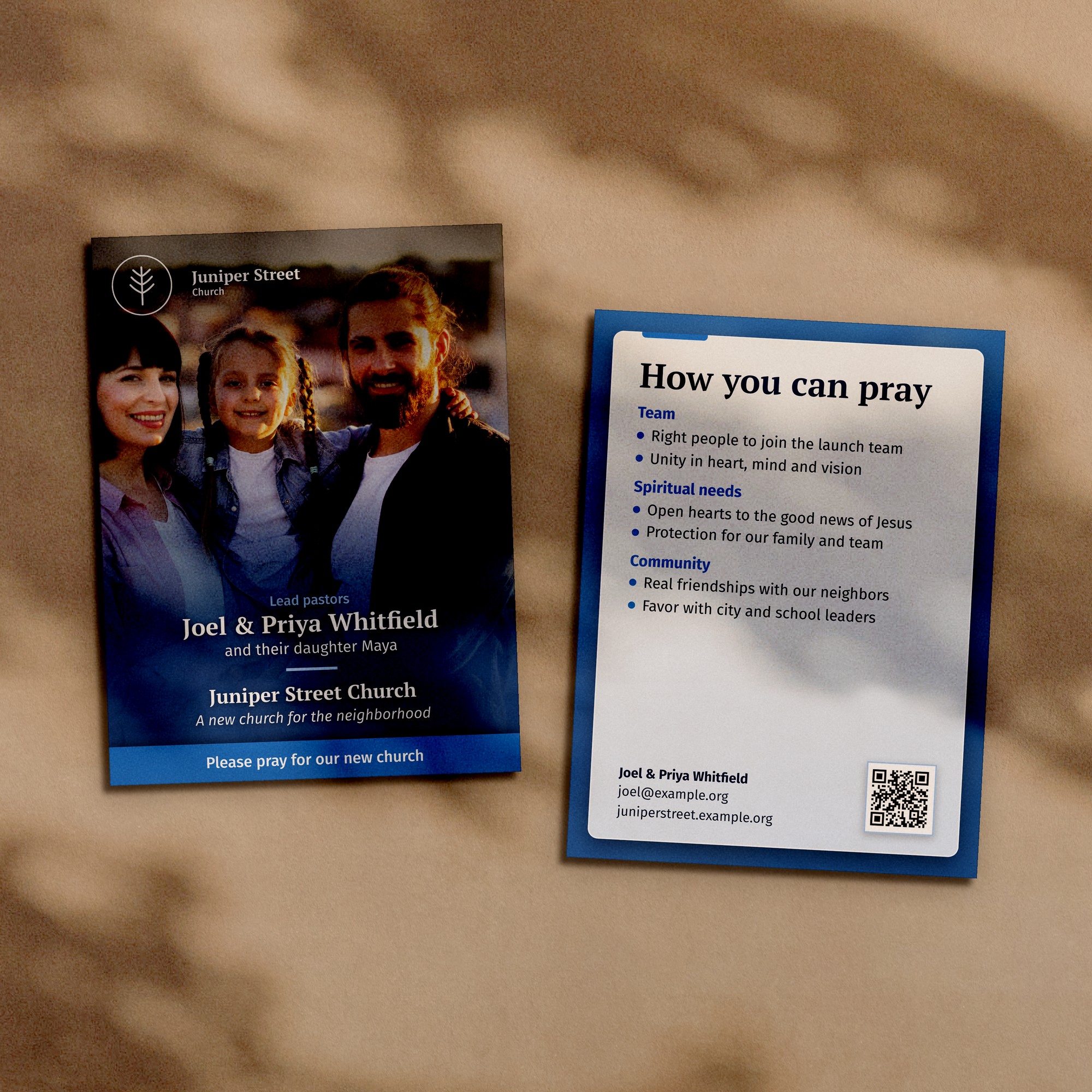 Medium church plant prayer card, front and back, with a photograph of the Whitfield family