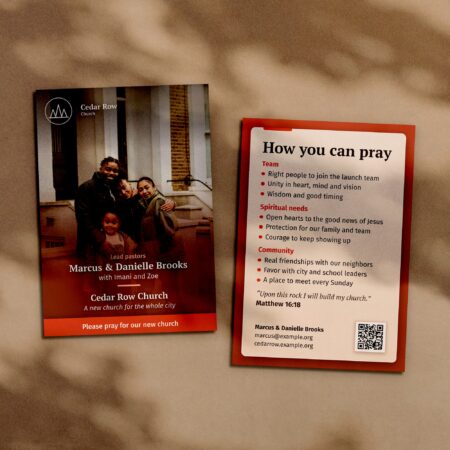 Medium large church plant prayer card, front and back, with a photograph of the Brooks family
