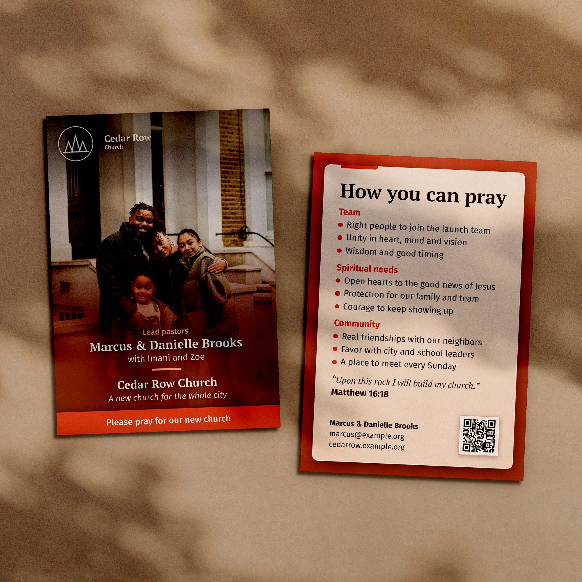 Medium large church plant prayer card, front and back, with a photograph of the Brooks family