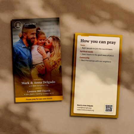 Small church plant prayer card, front and back, with a photograph of the Delgado family