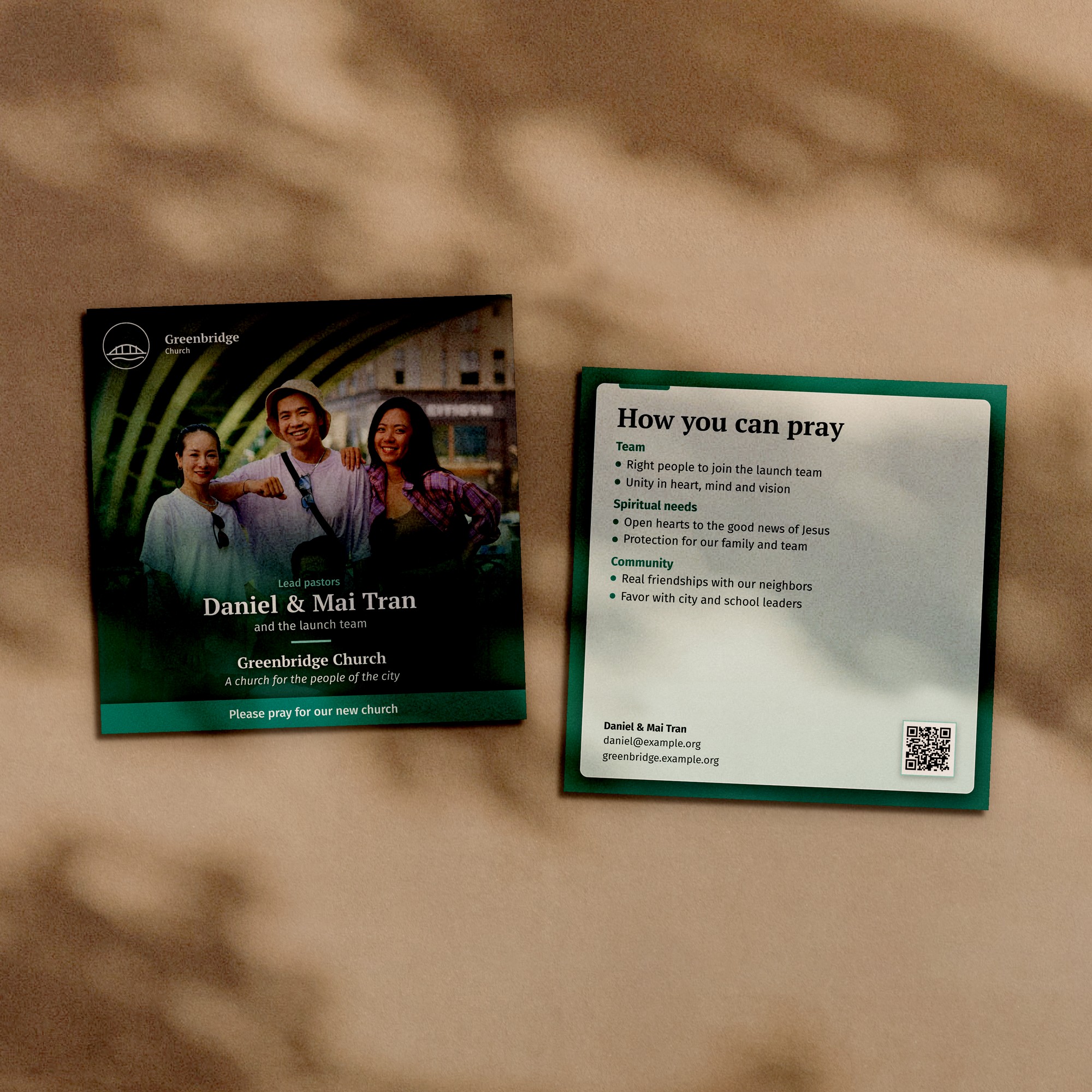 Square church plant prayer card, front and back, with a photograph of the Tran launch team