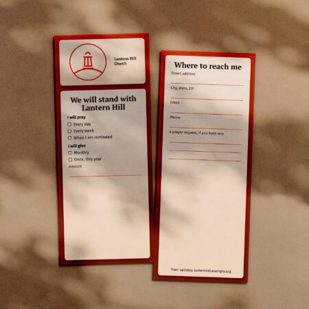 Tall church plant reply cards, 3.5 by 8.5 inches, front and back, a sample design
