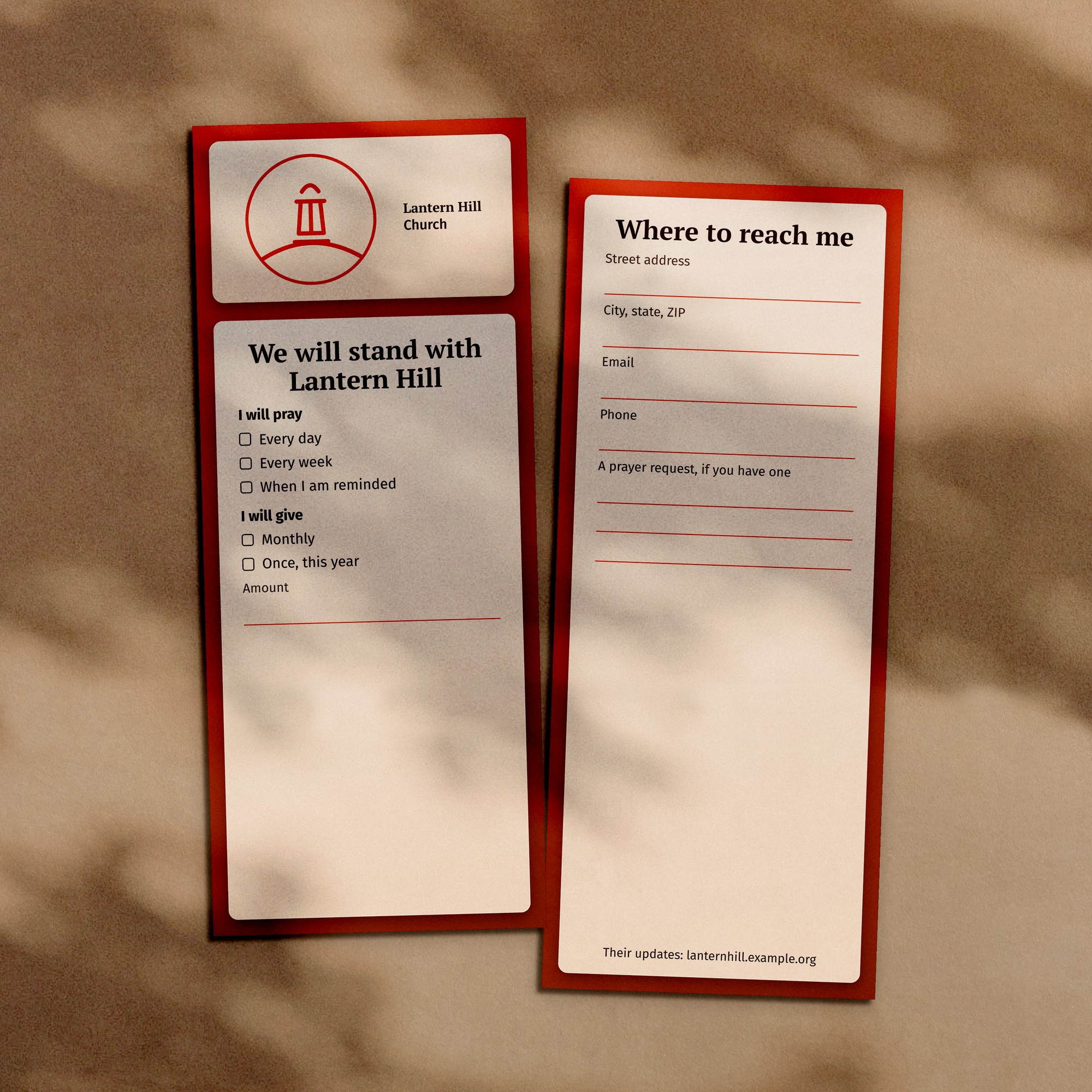 Tall church plant reply cards, 3.5 by 8.5 inches, front and back, a sample design