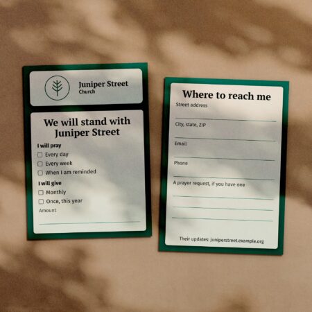 Church plant reply cards, 5 by 7 inches, front and back, a sample design