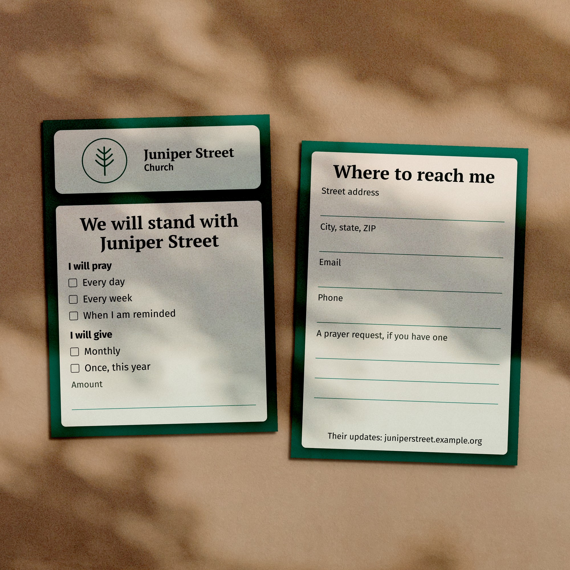 Church plant reply cards, 5 by 7 inches, front and back, a sample design
