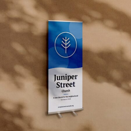 Retractable banner stand with a Juniper Street Church sample design