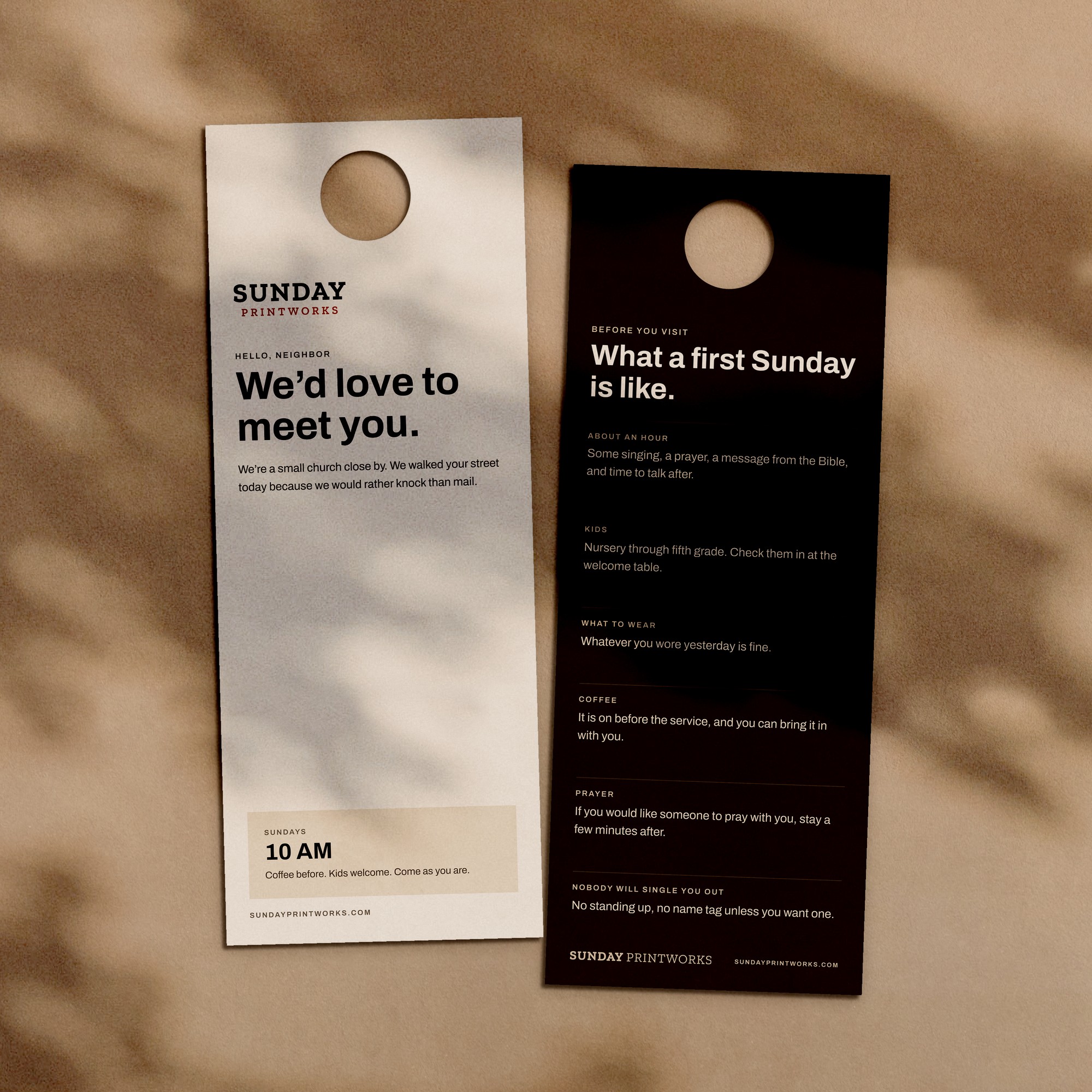 Door hangers, front and back, with the die-cut hole