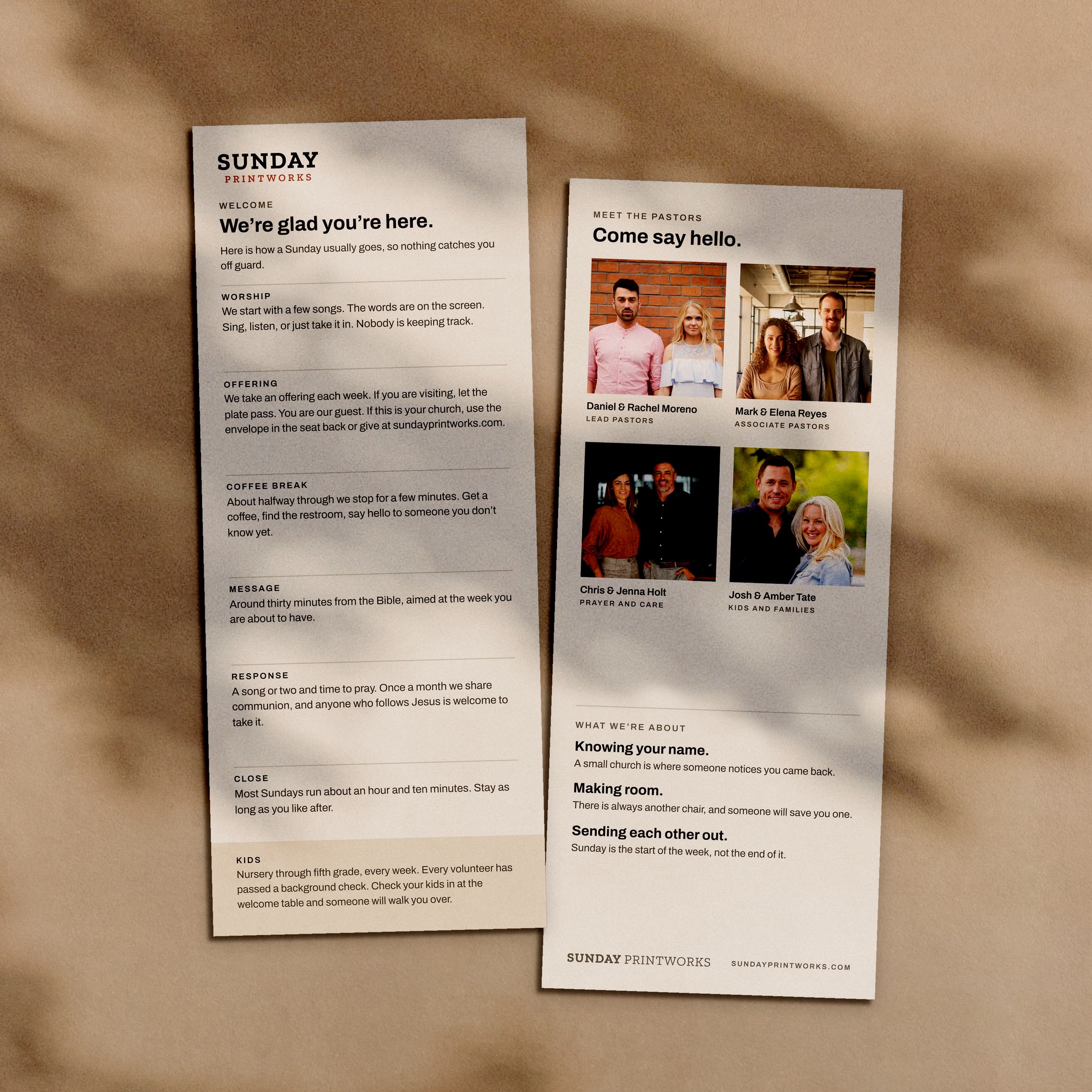 Guest info cards, front and back, in window light