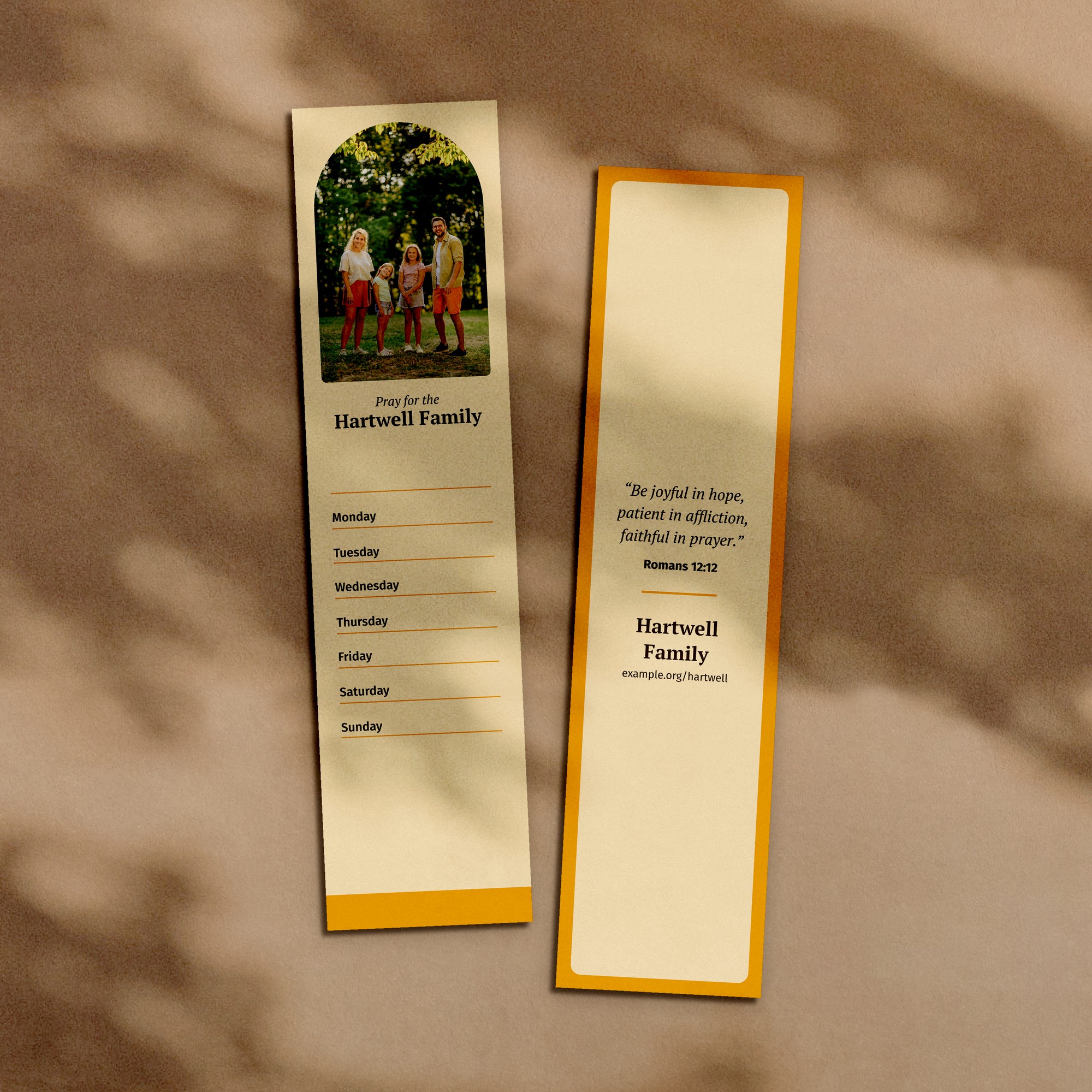 Prayer bookmarks, front and back, with a weekly prayer list