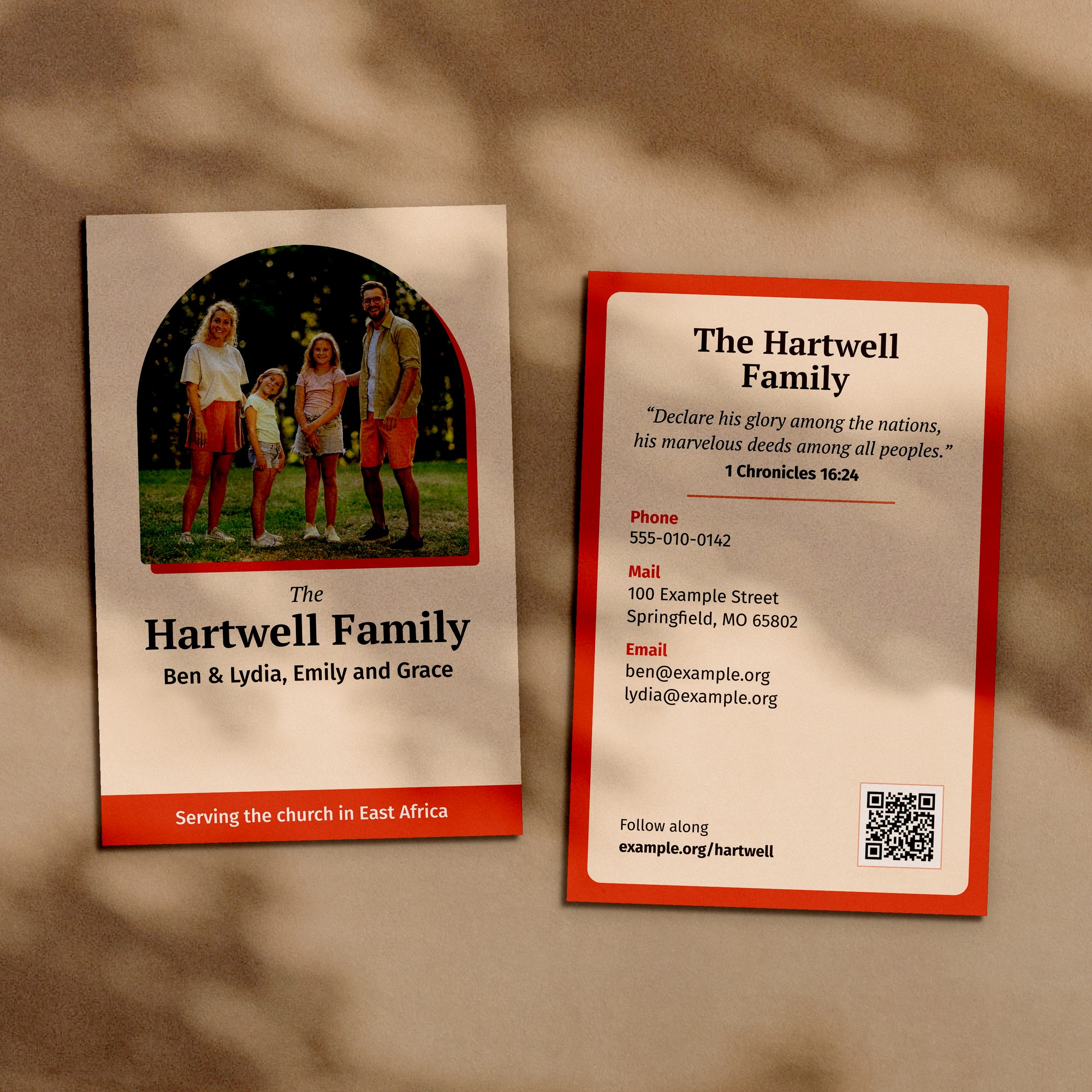 Large prayer cards, front and back, with a missionary family photograph