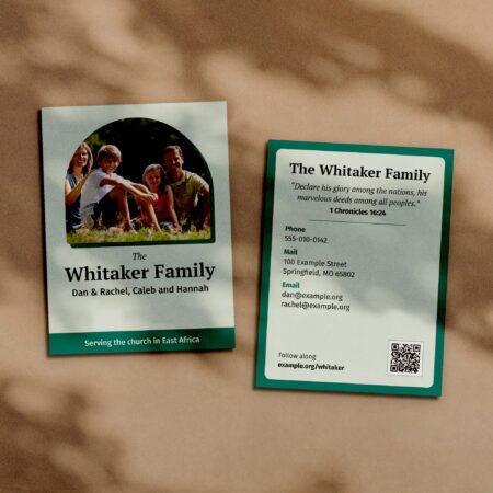 Medium prayer cards, front and back, with a missionary family photograph