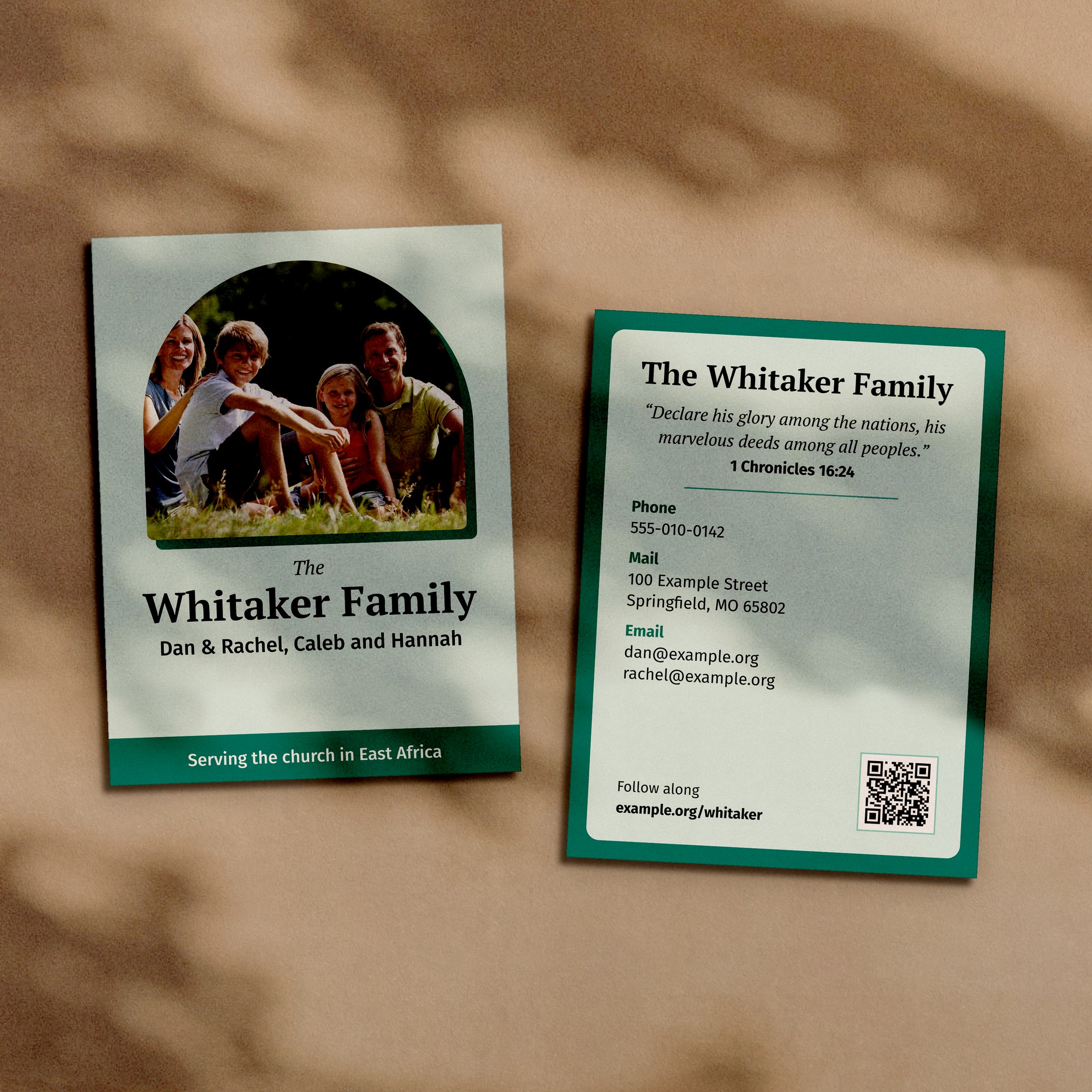 Medium prayer cards, front and back, with a missionary family photograph