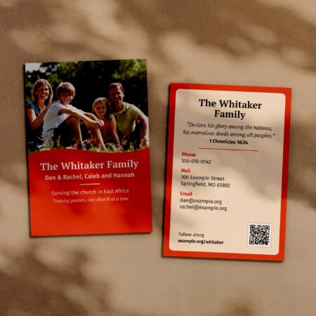 Medium large prayer cards, front and back, with a missionary family photograph