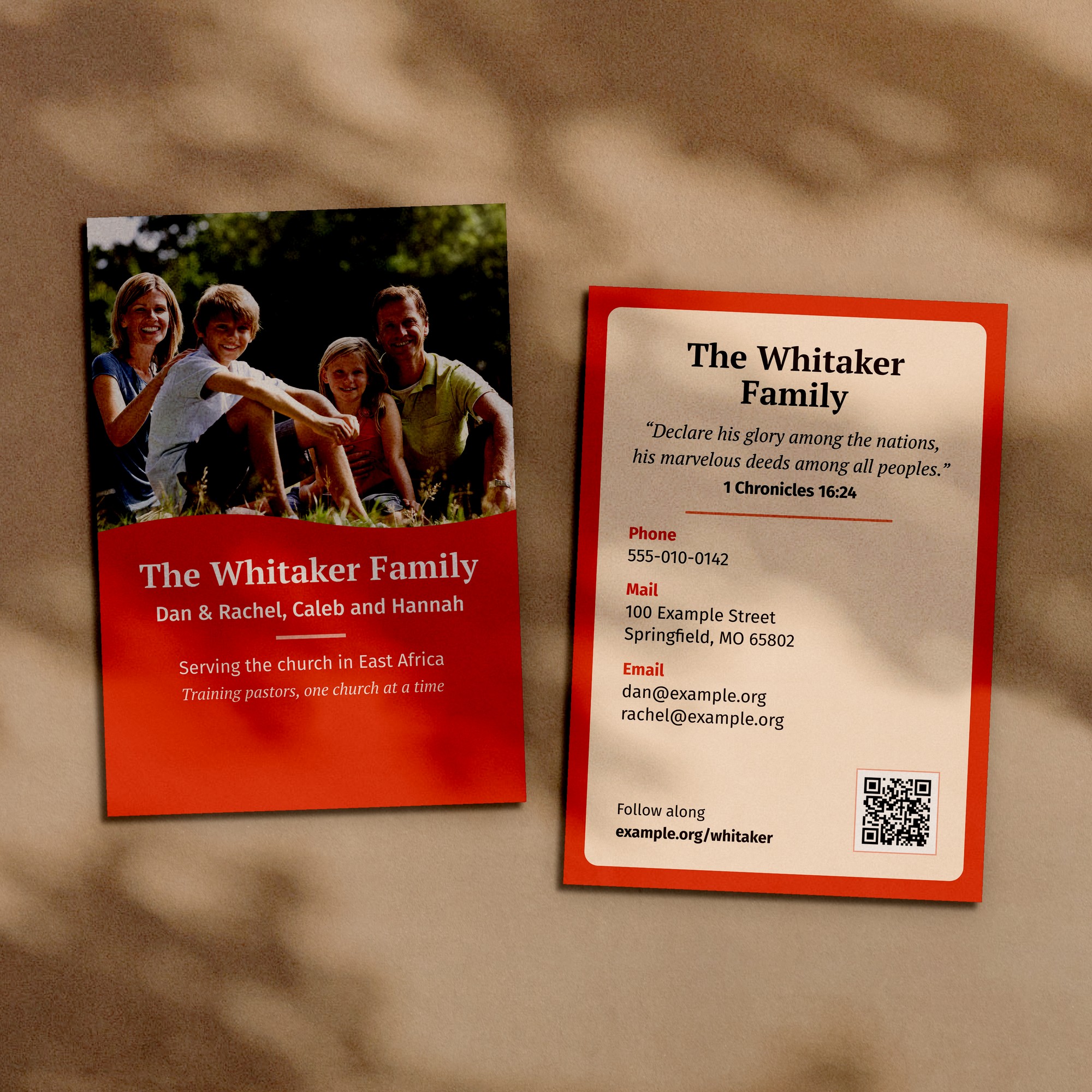 Medium large prayer cards, front and back, with a missionary family photograph