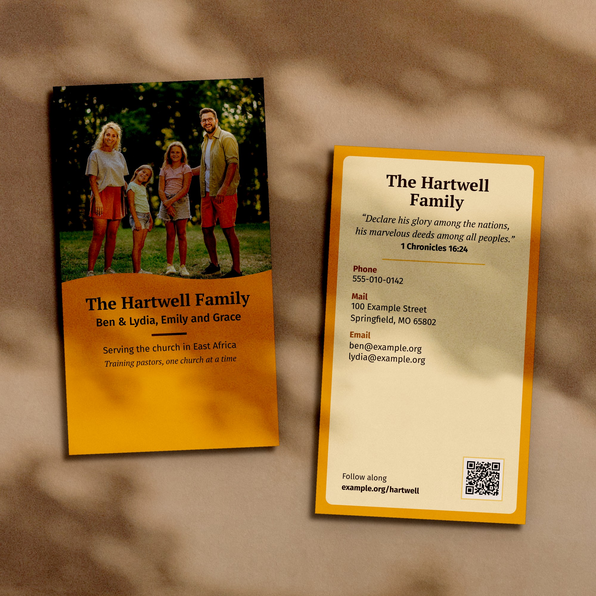 Small prayer cards, front and back, with a missionary family photograph
