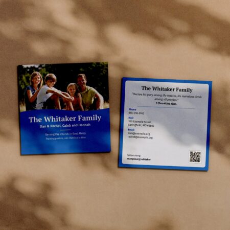 Square prayer cards, front and back, with a missionary family photograph