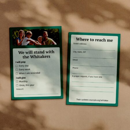 Reply cards, front and back, for supporters to pray and give