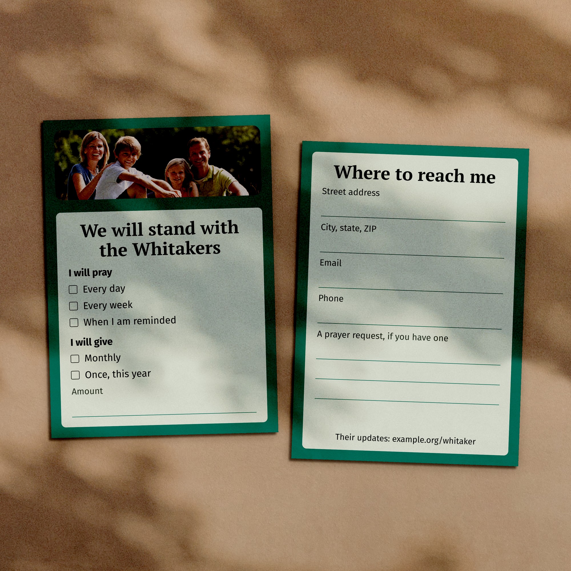 Reply cards, front and back, for supporters to pray and give
